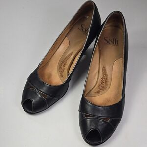Sofft Black Leather Peep Toe Wedge Heels Women 10M Comfort Shoes